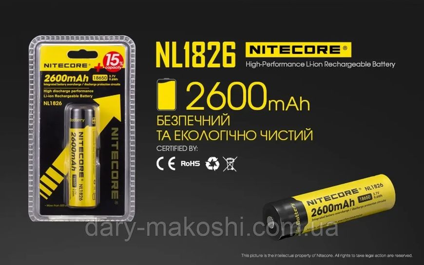 Акумулятор 18650 (2600mAh) Nitecore NL1826 6-1020 фото