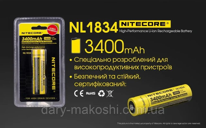 Акумулятор 18650 (3400mAh) Nitecore NL1843 6-1079 фото
